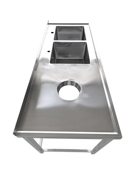 Commercial Stainless Steel Double Sink with 2 Right Bowls &amp Left Scrapping Hole + Splashback 1500x700x950mm | Stwalwart DA-WH