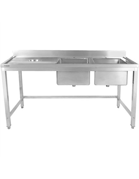 Commercial Stainless Steel Double Sink with 2 Right Bowls &amp Left Scrapping Hole + Splashback 1800x700x950mm | Stwalwart DA-WH