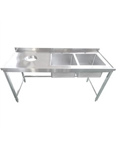 Commercial Stainless Steel Double Sink with 2 Right Bowls &amp Left Scrapping Hole + Splashback 1800x700x950mm | Stwalwart DA-WH 2
