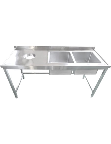 Commercial Stainless Steel Double Sink with 2 Right Bowls &amp Left Scrapping Hole + Splashback 1800x700x950mm | Stwalwart DA-WH