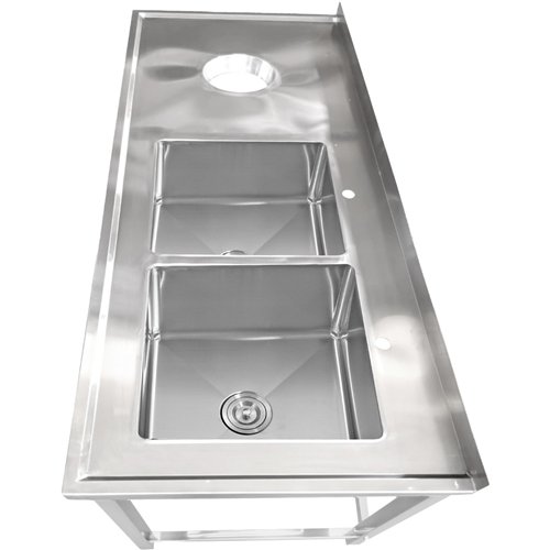 Commercial Stainless Steel Double Sink with 2 Right Bowls &amp Left Scrapping Hole + Splashback 1800x700x950mm | Stwalwart DA-WH