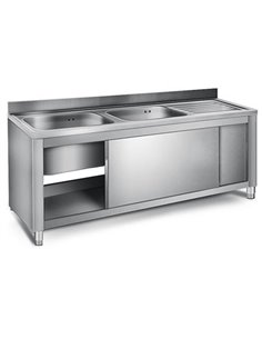 Commercial Sink with Cupboard Stainless steel 2 bowls Left Splashback Width 1400mm Depth 600mm | DA-THSSR146BL2