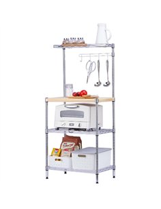 Chrome 4-Tier Kitchen Storage Rack with Wooden Countertop 550x350x1200mm | Stalwart DA-MGA260