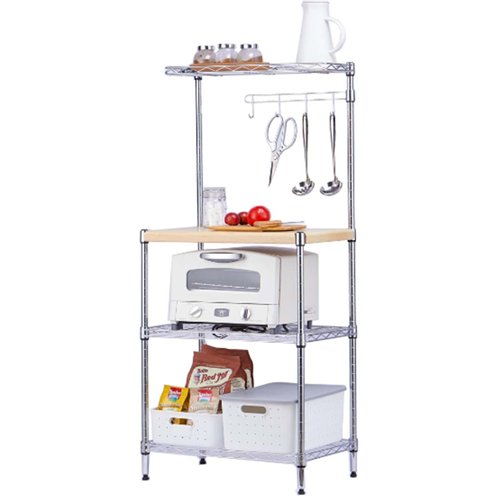 Chrome 4-Tier Kitchen Storage Rack with Wooden Countertop 550x350x1200mm | Stalwart DA-MGA260