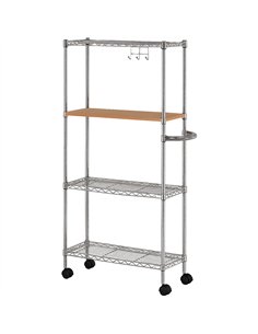 Chrome 4-Tier Utility Trolley Cart with Wooden Countertop 600x250x1200mm | Stalwart DA-MGA266