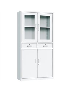 Professional Filing Cabinet with Glass &amp Metal Doors and 2 Drawers 900x390x1800mm White | Stalwart DA-HDWB24
