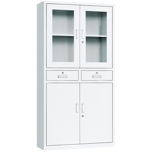 Professional Filing Cabinet with Glass &amp Metal Doors and 2 Drawers 900x390x1800mm White | Stalwart DA-HDWB24
