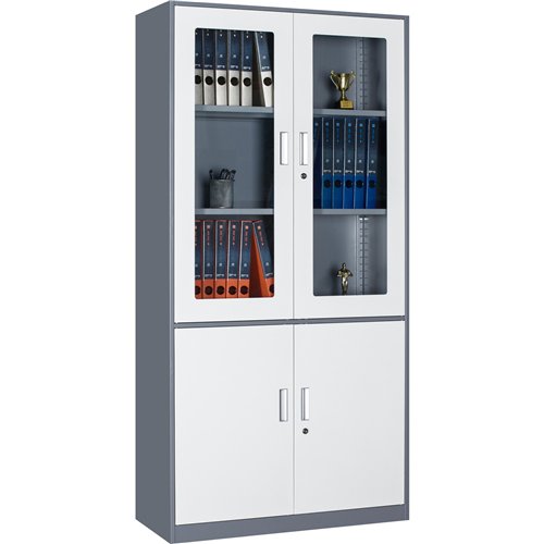 Professional Filing Cabinet with Glass &amp Metal Doors 900x390x1800mm Gray-White | Stalwart DA-HDWSB04