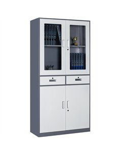 Professional Filing Cabinet with Glass &amp Metal Doors and 2 Drawers 900x390x1800mm Gray-White | Stalwart DA-HDWSB24