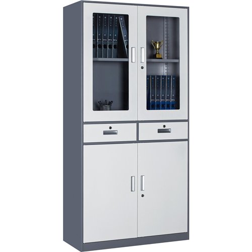 Professional Filing Cabinet with Glass &amp Metal Doors and 2 Drawers 900x390x1800mm Gray-White | Stalwart DA-HDWSB24