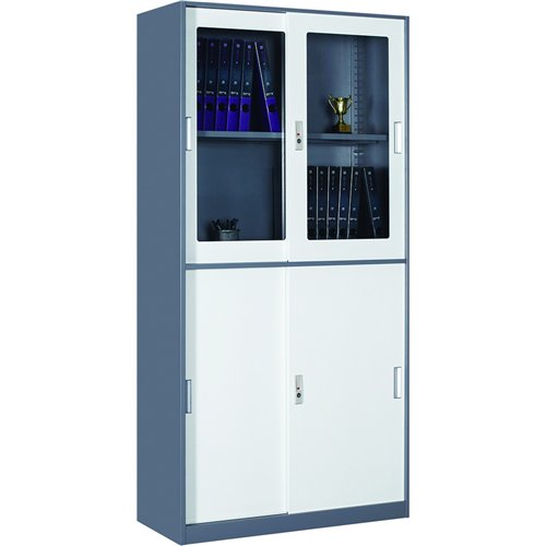 Professional Filing Cabinet with Glass &amp Metal Sliding Doors 900x390x1800mm Gray-White | Stalwart DA-HDYSB04