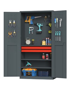 Professional Metal Tool Storage Cabinet with Pegboard 2 Drawers &amp 2 Shelves 900x500x1800mm | Stalwart DA-HDGJA01