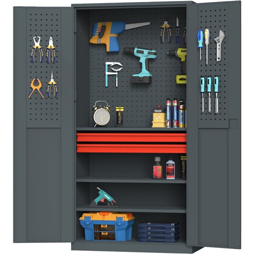 Professional Metal Tool Storage Cabinet with Pegboard 2 Drawers &amp 2 Shelves 900x500x1800mm | Stalwart DA-HDGJA01