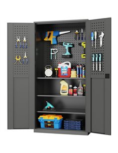 Professional Metal Tool Storage Cabinet with Pegboard &amp 3 Shelves 900x500x1800mm | Stalwart DA-HDGJA01A