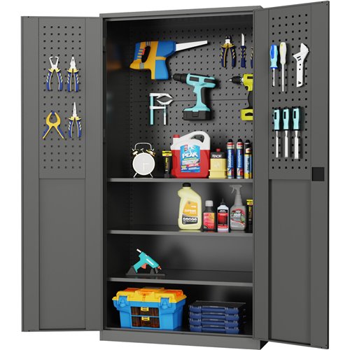 Professional Metal Tool Storage Cabinet with Pegboard &amp 3 Shelves 900x500x1800mm | Stalwart DA-HDGJA01A