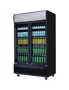 Commercial Bottle Cooler Upright 980 Litres Ventilated Cooling Twin Hinged Doors Canopy Light 1200x730x2036 Black | Stalwart DA-