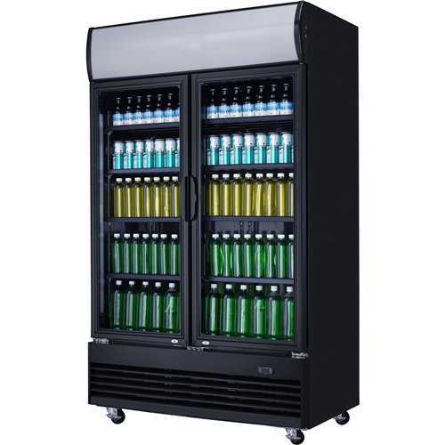 Commercial Bottle Cooler Upright 980 Litres Ventilated Cooling Twin Hinged Doors Canopy Light 1200x730x2036 Black | Stalwart DA-