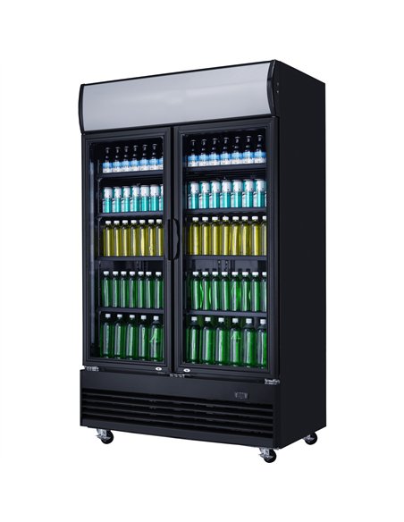 Commercial Bottle Cooler Upright 980 Litres Ventilated Cooling Twin Hinged Doors Canopy Light 1200x730x2036 Black | Stalwart DA-