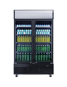 Commercial Bottle Cooler Upright 980 Litres Ventilated Cooling Twin Hinged Doors Canopy Light 1200x730x2036 Black | Stalwart DA- 2