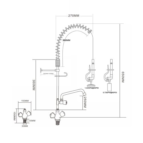 Single Hole Deck Mount Dual Temperature High-Pressure Pre-Rinse Faucet with 8&quot Swing Nozzle Chrome Plated Brass | Stalwart D