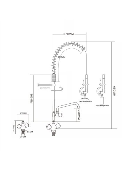 Single Hole Deck Mount Dual Temperature High-Pressure Pre-Rinse Faucet with 8&quot Swing Nozzle Chrome Plated Brass | Stalwart D