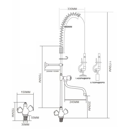 Standard Pre Rinser with Compression Cartridge and Rotary Handle &amp 12&quot Swing Nozzle Chrome Plated Brass | Stalwart DA-690