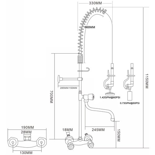 Standard Wall-Mounted Pre Rinser with Compression Cartridge and Rotary Handle &amp 12&quot Swing Nozzle Chrome Plated Brass | St