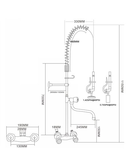 Standard Wall-Mounted Pre Rinser with Compression Cartridge and Rotary Handle &amp 12&quot Swing Nozzle Chrome Plated Brass | St