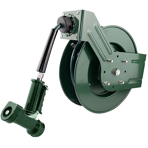 10M Epoxy-Coated Steel Hose Reel Swing Bracket Automatic Rewind Green | Stalwart DA-B71050110M