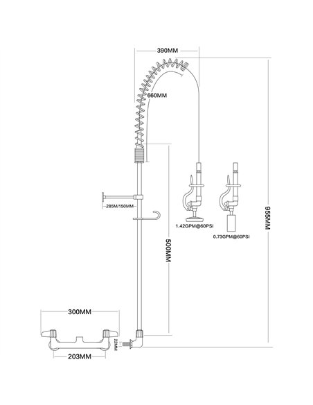 8&quot Wall Mount Commercial Pre-Rinse Faucet with Flexible Hose &amp Spray Valve Chrome Plated Brass | Stalwart DA-EQ2802A