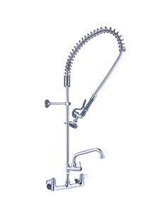 8&quot Wall Mount Commercial Pre-Rinse Faucet with Flexible Hose &amp Spray Valve &amp 12&quot Swing Nozzle Chrome Plated Brass 