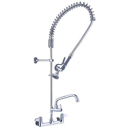 8&quot Wall Mount Commercial Pre-Rinse Faucet with Flexible Hose &amp Spray Valve &amp 12&quot Swing Nozzle Chrome Plated Brass 