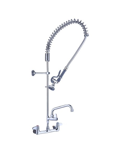 8&quot Wall Mount Commercial Pre-Rinse Faucet with Flexible Hose &amp Spray Valve &amp 12&quot Swing Nozzle Chrome Plated Brass 