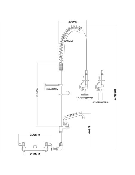 8&quot Wall Mount Commercial Pre-Rinse Faucet with Flexible Hose &amp Spray Valve &amp 12&quot Swing Nozzle Chrome Plated Brass 