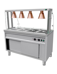 Commercial Bain Marie with Cabinet 4×GN1/1 Curved Glass Display and 4 Heat Lamps 1470x700x1450mm | Stalwart DA-VBMGN4AEN