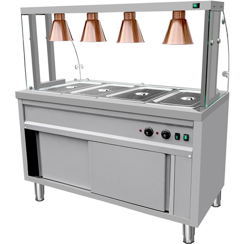 Commercial Bain Marie with Cabinet 4×GN1/1 Curved Glass Display and 4 Heat Lamps 1470x700x1450mm | Stalwart DA-VBMGN4AEN