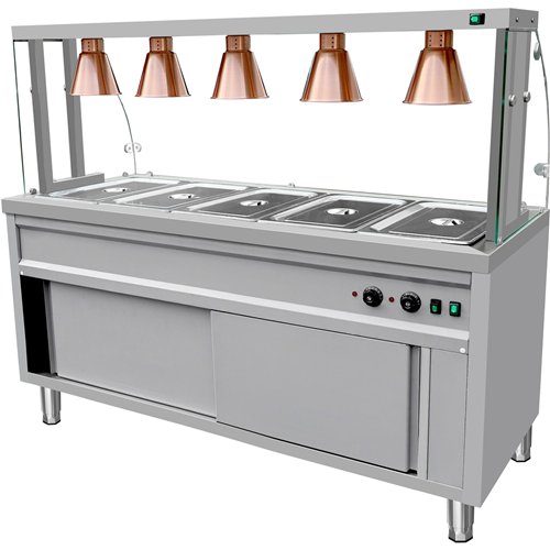 Commercial Bain Marie with Cabinet 5×GN1/1 Curved Glass Display and 5 Heat Lamps 1800x700x1450mm | Stalwart DA-VBMGN5AEN