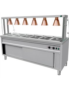 Commercial Bain Marie with Cabinet 6×GN1/1 Curved Glass Display and 6 Heat Lamps 2130x700x1450mm | Stalwart DA-VBMGN6AEN