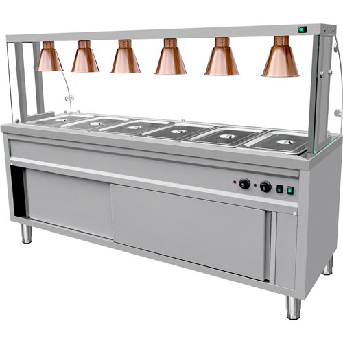 Commercial Bain Marie with Cabinet 6×GN1/1 Curved Glass Display and 6 Heat Lamps 2130x700x1450mm | Stalwart DA-VBMGN6AEN