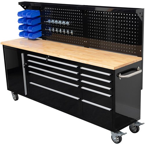 Widebody Heavy Duty 84&quot Steel Rolling Tool Chest with Wooden Worktop &amp Pegboard Back Panel 10 Drawers 1 Side Cabinet 2284