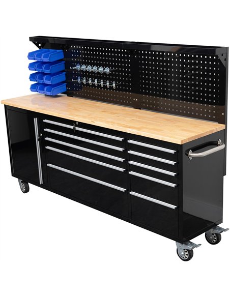Widebody Heavy Duty 84&quot Steel Rolling Tool Chest with Wooden Worktop &amp Pegboard Back Panel 10 Drawers 1 Side Cabinet 2284