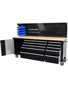 Widebody Heavy Duty 84&quot Steel Rolling Tool Chest with Wooden Worktop &amp Pegboard Back Panel 10 Drawers 1 Side Cabinet 2284 2