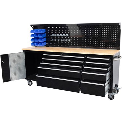 Widebody Heavy Duty 84&quot Steel Rolling Tool Chest with Wooden Worktop &amp Pegboard Back Panel 10 Drawers 1 Side Cabinet 2284