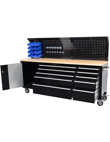 Widebody Heavy Duty 84&quot Steel Rolling Tool Chest with Wooden Worktop &amp Pegboard Back Panel 10 Drawers 1 Side Cabinet 2284