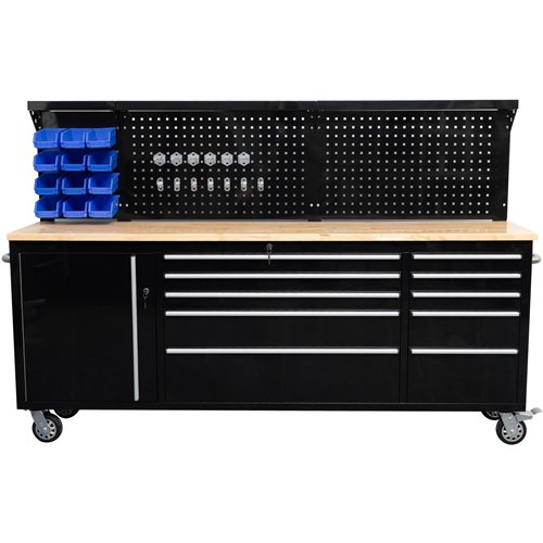 Widebody Heavy Duty 84&quot Steel Rolling Tool Chest with Wooden Worktop &amp Pegboard Back Panel 10 Drawers 1 Side Cabinet 2284