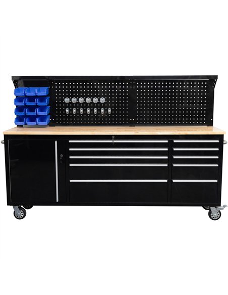Widebody Heavy Duty 84&quot Steel Rolling Tool Chest with Wooden Worktop &amp Pegboard Back Panel 10 Drawers 1 Side Cabinet 2284