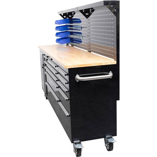 Widebody Heavy Duty 84&quot Steel Rolling Tool Chest with Wooden Worktop &amp Pegboard Back Panel 10 Drawers 1 Side Cabinet 2284