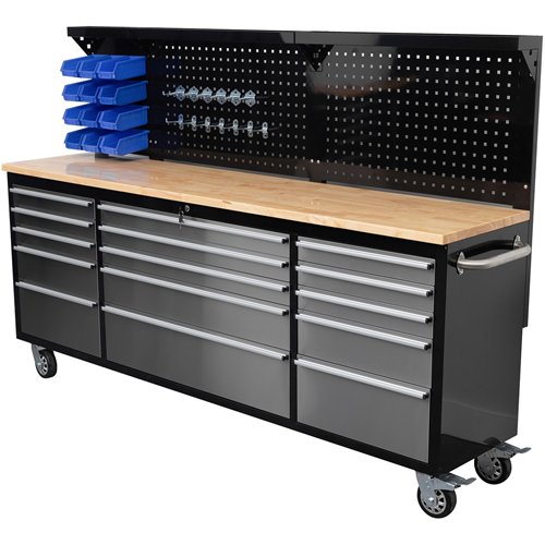 Widebody Heavy Duty 84&quot Steel Rolling Tool Chest with Wooden Worktop &amp Pegboard Back Panel 15 Drawers 2284x485x1448mm Bla