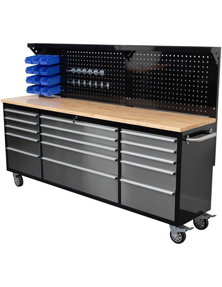 Widebody Heavy Duty 84&quot Steel Rolling Tool Chest with Wooden Worktop &amp Pegboard Back Panel 15 Drawers 2284x485x1448mm Bla