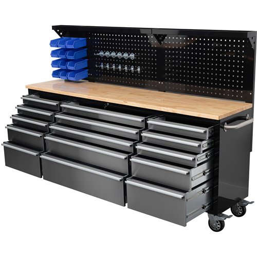 Widebody Heavy Duty 84&quot Steel Rolling Tool Chest with Wooden Worktop &amp Pegboard Back Panel 15 Drawers 2284x485x1448mm Bla